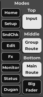 Mixer Modes selector panel showing mode buttons (Home, Setup, SndChk, Edit, Fx, Monitor, Status, Dugan) and Top/Middle/Bottom selector pages.