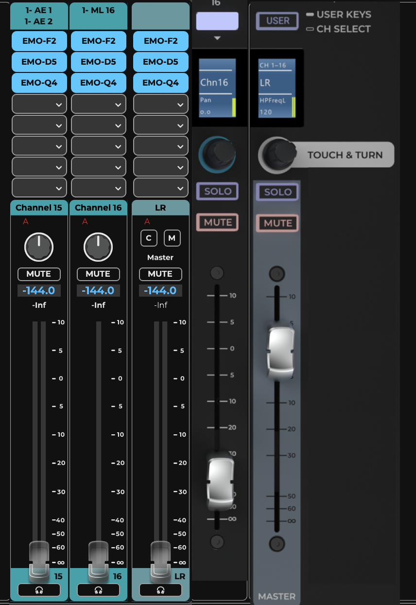 Touchscreen channel strip (left) and fader-bank channel strip (right)