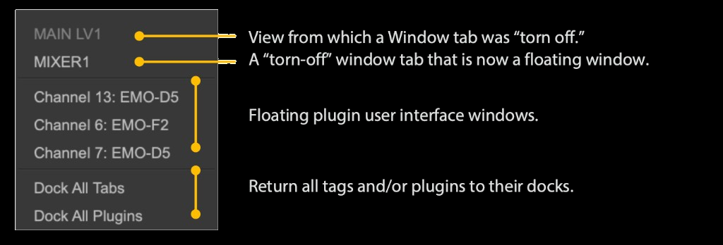 Floating Windows Management menu with callouts for detached tabs, floating plugin windows, and dock commands.