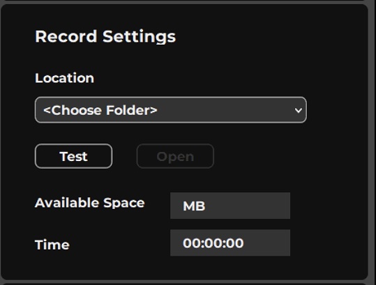 Record Settings panel for selecting a local media device and viewing available space and time.